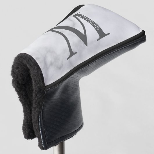Personalisiertes Monogramm aus weißem Marmor und N Golf Headcover (3/4 Vorderseite)