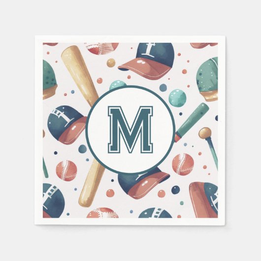 Personalisiertes Monogramm-Baseball-Themenmuster Serviette (Vorderseite)