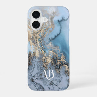 Personalisiertes Monogramm Blau Marmor iPhone Case 16 Hülle