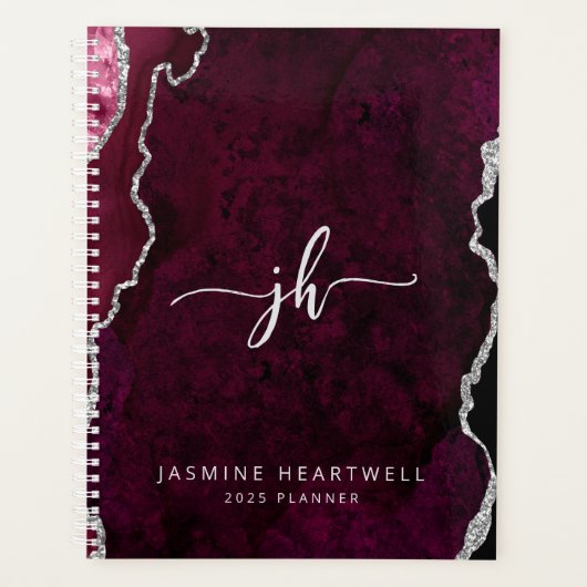 Personalisiertes Monogramm Burgundy Silver Agate 2 Planer (Vorderseite)