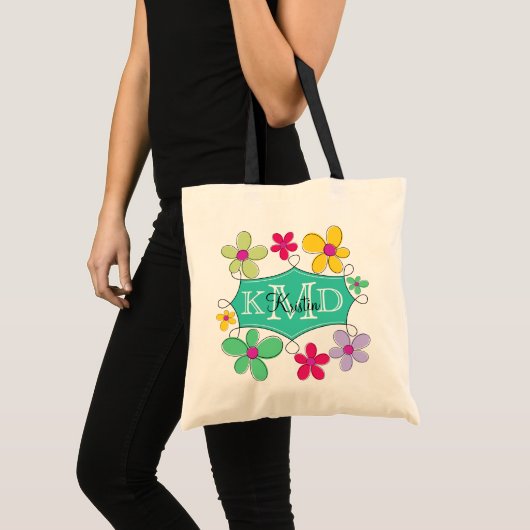 Personalisiertes Monogramm der grünen Doodle-Rahme Tragetasche (Vorderseite (Produkt))