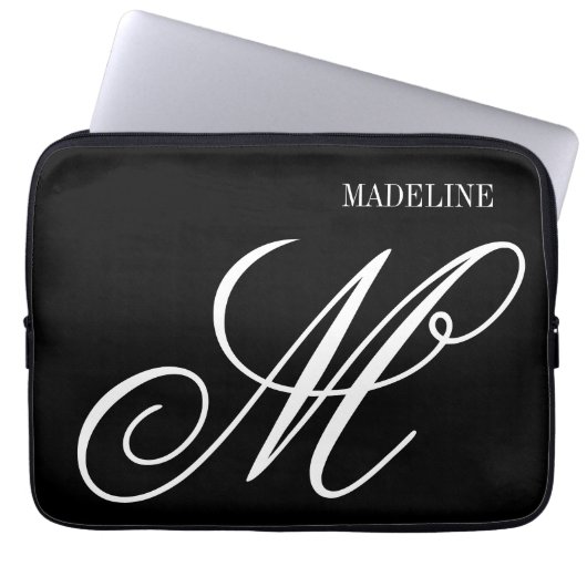 Personalisiertes Monogramm elegant schwarz und wei Laptopschutzhülle (Vorderseite)