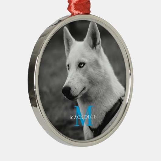 Personalisiertes Monogramm Elegantes Dog Pet Foto Ornament Aus Metall (Rechts)