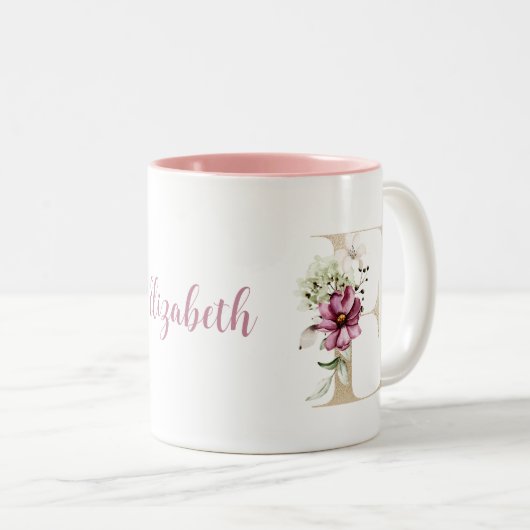 Personalisiertes Monogramm Gold Letter E Pink Zweifarbige Tasse (VorderseiteRechts)