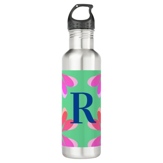 Personalisiertes Monogramm grünes Rosa Retro Edelstahlflasche (Vorderseite)