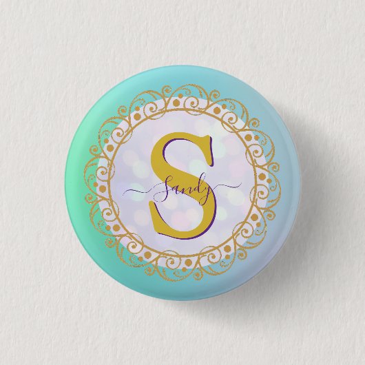 Personalisiertes Monogramm Mandala Gold und Blau Button (Vorderseite)