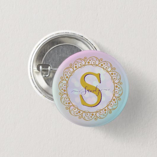 Personalisiertes Monogramm Mandala Gold und Blau Button (Vorne & Hinten)