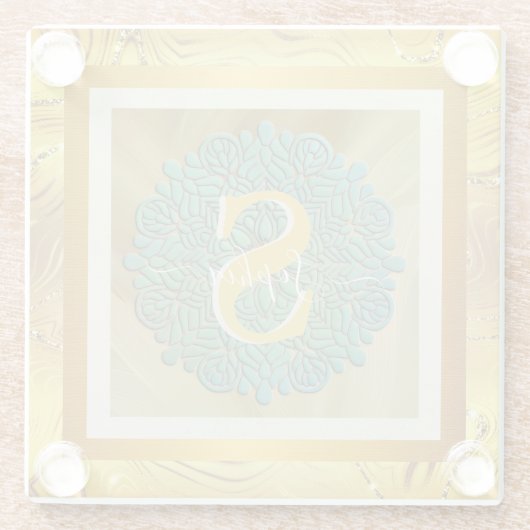 Personalisiertes Monogramm Mandala Gold und Blau Glasuntersetzer (Rückseite)