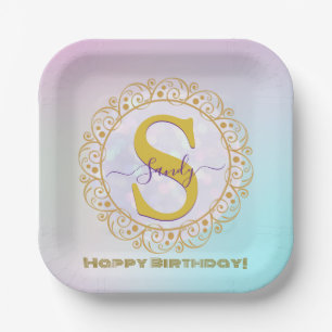 Personalisiertes Monogramm Mandala Gold und Blau Pappteller