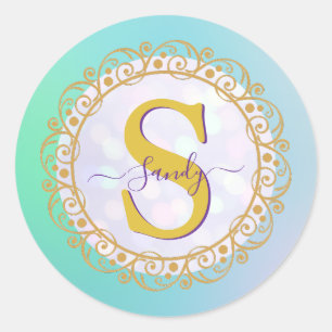 Personalisiertes Monogramm Mandala Gold und Blau Runder Aufkleber