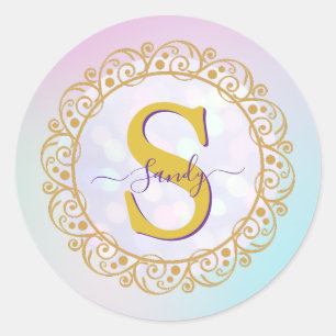 Personalisiertes Monogramm Mandala Gold und Blau Runder Aufkleber