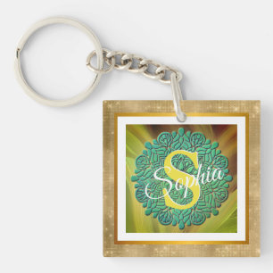 Personalisiertes Monogramm Mandala Gold und Blau Schlüsselanhänger