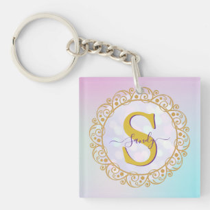 Personalisiertes Monogramm Mandala Gold und Blau Schlüsselanhänger