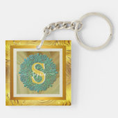 Personalisiertes Monogramm Mandala Gold und Blau Schlüsselanhänger (Rückseite)