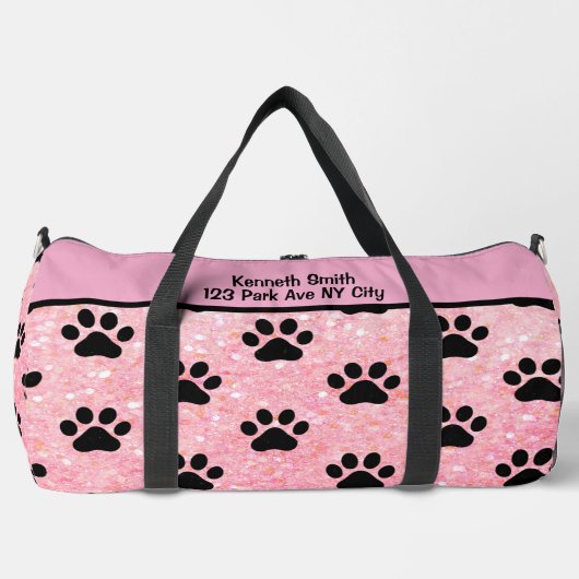 Personalisiertes Monogramm mit rosa Glitter-Pfoten Duffle Bag (Vorderseite)