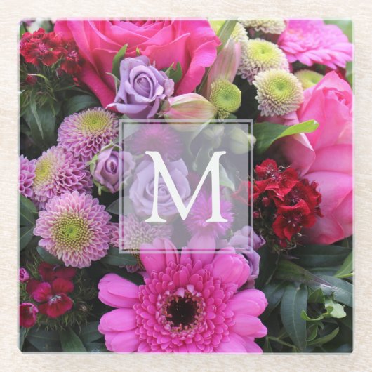 Personalisiertes Monogramm mit rosa und violetten Glasuntersetzer (Vorderseite)