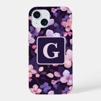 Personalisiertes Monogramm mit violetten Kirschblü iPhone 15 Hülle