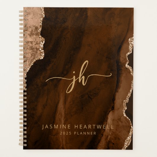 Personalisiertes Monogramm Mocha Brown Gold Agate Planer (Vorderseite)