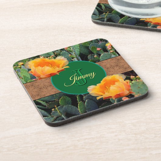 Personalisiertes Monogramm Orange Prickly Pear Cac Getränkeuntersetzer (Linke Seite)