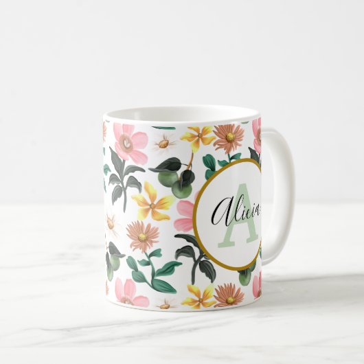 Personalisiertes Monogramm Pastell-Frühlingsfloren Kaffeetasse (VorderseiteRechts)