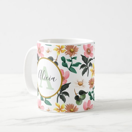 Personalisiertes Monogramm Pastell-Frühlingsfloren Kaffeetasse (Vorderseite Links)