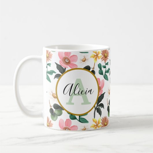 Personalisiertes Monogramm Pastell-Frühlingsfloren Kaffeetasse (Links)