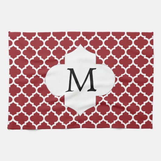 Personalisiertes Monogramm Quatrefolie rot und wei Küchentuch (Horizontal)