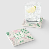 Personalisiertes Monogramm Rosa und grüner Marmor Steinuntersetzer (Seitenansicht)