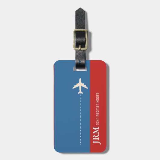 personalisiertes Monogramm Rot/Blau/Flugzeug Gepäckanhänger (Vorderseite vertikal)