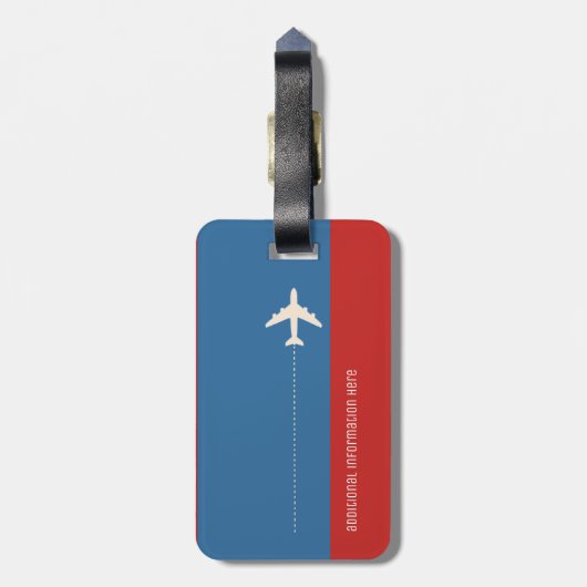 personalisiertes Monogramm Rot/Blau/Flugzeug Gepäckanhänger (Rückseite vertikal)