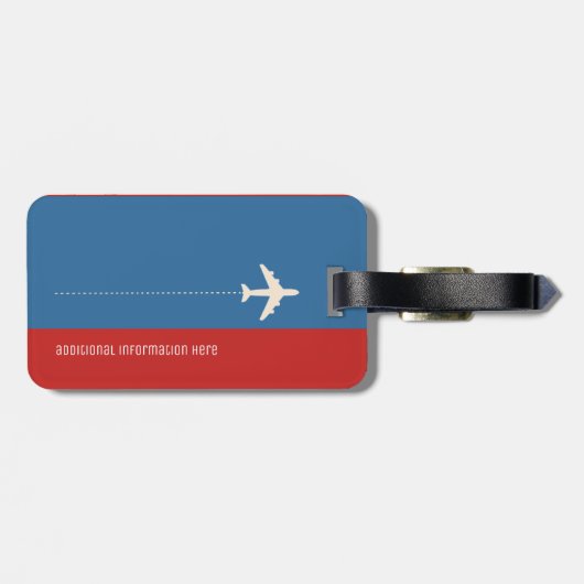 personalisiertes Monogramm Rot/Blau/Flugzeug Gepäckanhänger (Rückseite horizontal)
