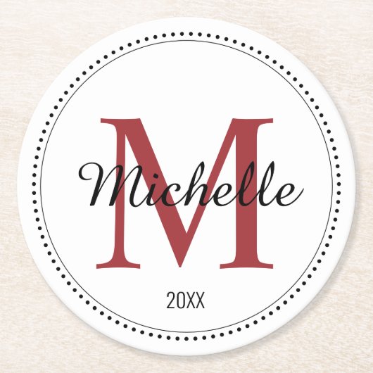 Personalisiertes Monogramm Rot Runder Pappuntersetzer (Vorderseite)