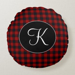 Personalisiertes Monogramm Rot und Schwarz Buffalo Rundes Kissen