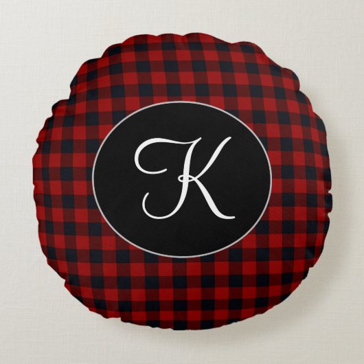 Personalisiertes Monogramm Rot und Schwarz Buffalo Rundes Kissen (Vorderseite)