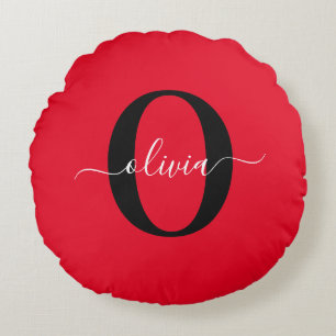 Personalisiertes Monogramm-Schriftname Rot Schwarz Rundes Kissen