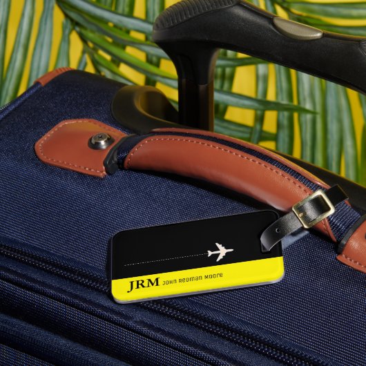 Personalisiertes Monogramm schwarz/gelb Flugzeug Gepäckanhänger (Vorderseite Insitu 3)