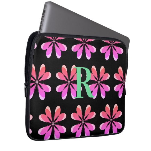 Personalisiertes Monogramm schwarz rosa Retro Laptopschutzhülle (Vorne Rechts)