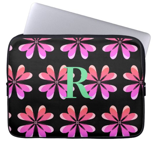 Personalisiertes Monogramm schwarz rosa Retro Laptopschutzhülle (Vorderseite)