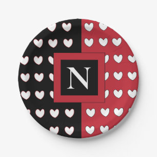 Personalisiertes Monogramm Schwarz Rot Weiß Herzen Pappteller