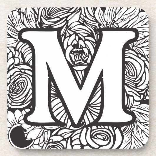 Personalisiertes Monogramm Schwarz-Weiß-Flora Getränkeuntersetzer (Vorderseite)