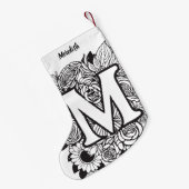 Personalisiertes Monogramm Schwarz-Weiß-Flora Kleiner Weihnachtsstrumpf (Rückseite (Hängend))