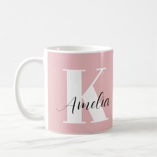 Personalisiertes Monogramm-Script rosa Kaffeetasse (Links)