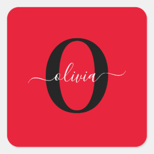 Personalisiertes Monogramm-Skript Name Rot Schwarz Quadratischer Aufkleber