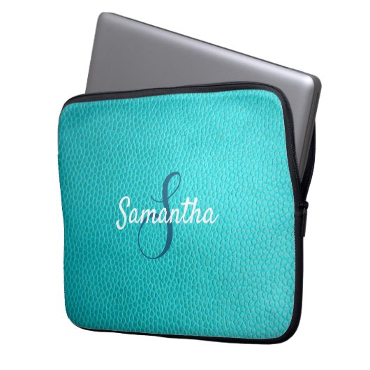 Personalisiertes Monogramm und Name blaues Leder Laptopschutzhülle (Vorderseite Links)