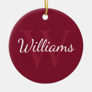 Personalisiertes Monogramm und Name Burgundy Red Keramik Ornament