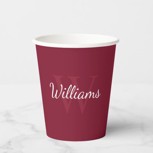 Personalisiertes Monogramm und Name Burgundy Red Pappbecher (Vorderseite)
