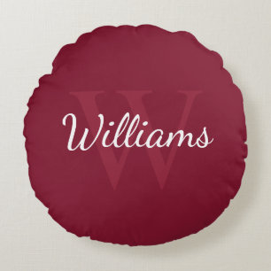 Personalisiertes Monogramm und Name Burgundy Red Rundes Kissen