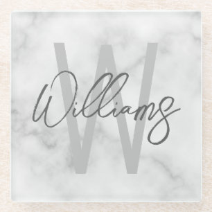 Personalisiertes Monogramm und Name für das weiße  Glasuntersetzer