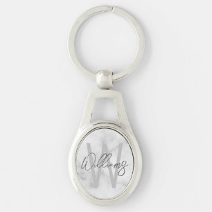 Personalisiertes Monogramm und Name in weißer Marm Schlüsselanhänger