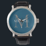 Personalisiertes Monogramm und Name Ocean Blue Armbanduhr<br><div class="desc">Personalisierte Elegante Monogramm- und Namensgeschenke mit personalisierten Monogramm im klassischen Serif-Schriftart-Stil mit Namensbox in der Mitte des Monogramms.</div>